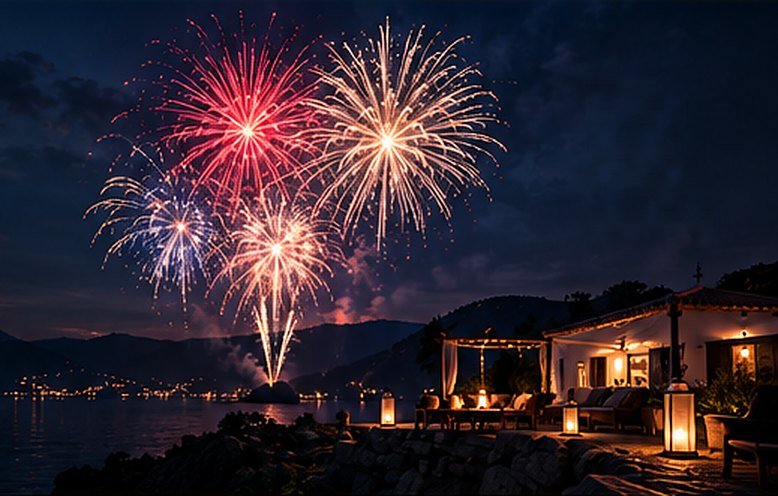 Red and golden fireworks burst over a moonlit lake beside a candle-lit villa terrace.