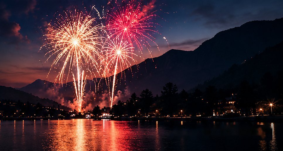 Fireworks burst over a mountain lake at dusk, reflected in the water.