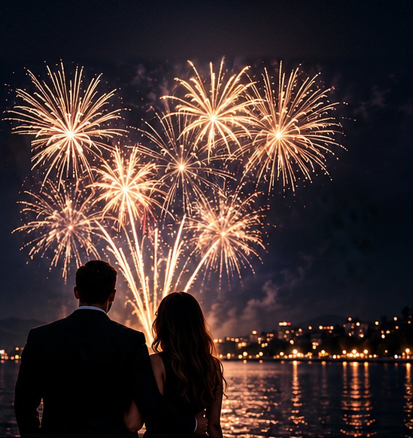 A couple in evening wear stand together by the water, watching golden fireworks light up the night sky over a city shoreline.