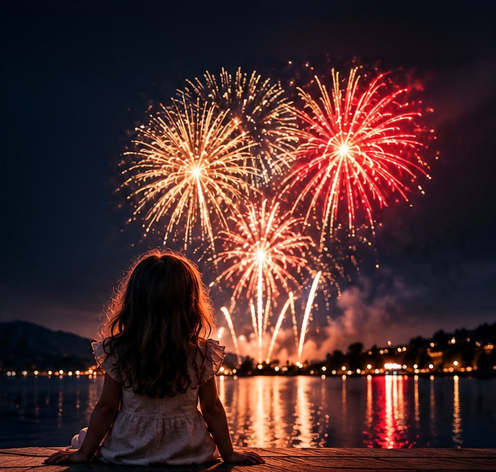 A young girl sits on a dock and watches fireworks light up the night sky over a lake.