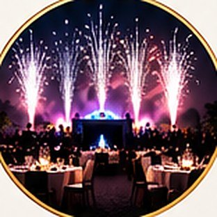 Fountains of white sparks rise behind a stage at an evening banquet.