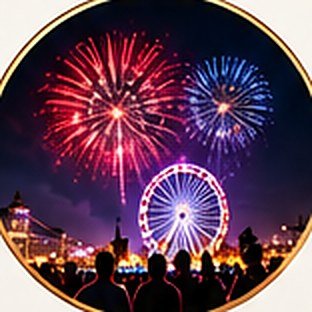 A crowd watches red and blue fireworks beside an illuminated Ferris wheel.