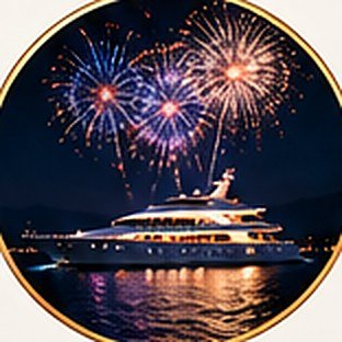Fireworks light the sky above a luxury yacht at night.