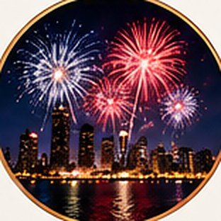 Colourful fireworks bursting above a city skyline reflected in the water.