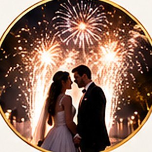 A bride and groom face each other as golden fireworks glow behind them.